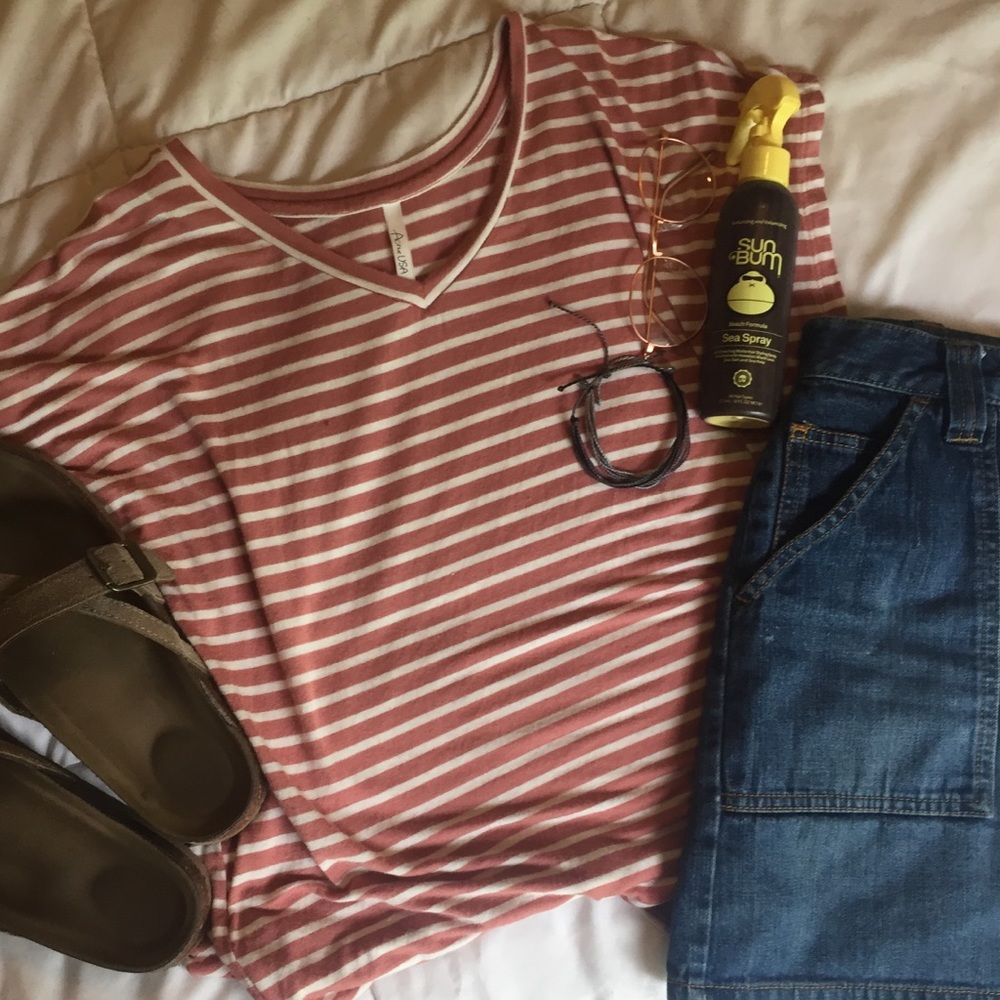 Light pink and white striped v-neck t-shirt